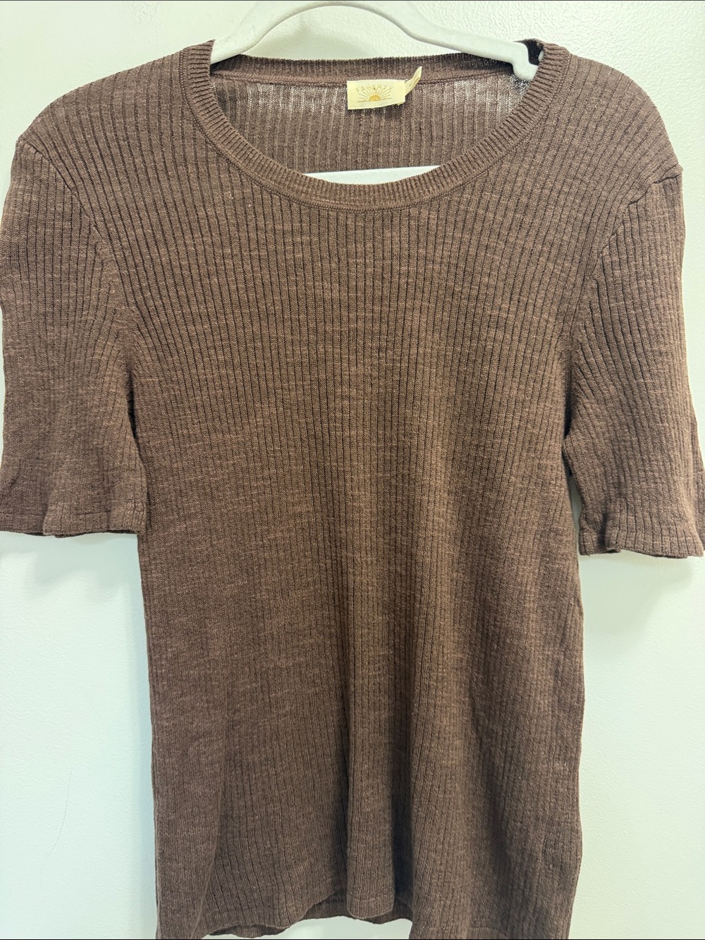 Faherty Chocolate Brown Ribbed Short Sleeve Knit Top